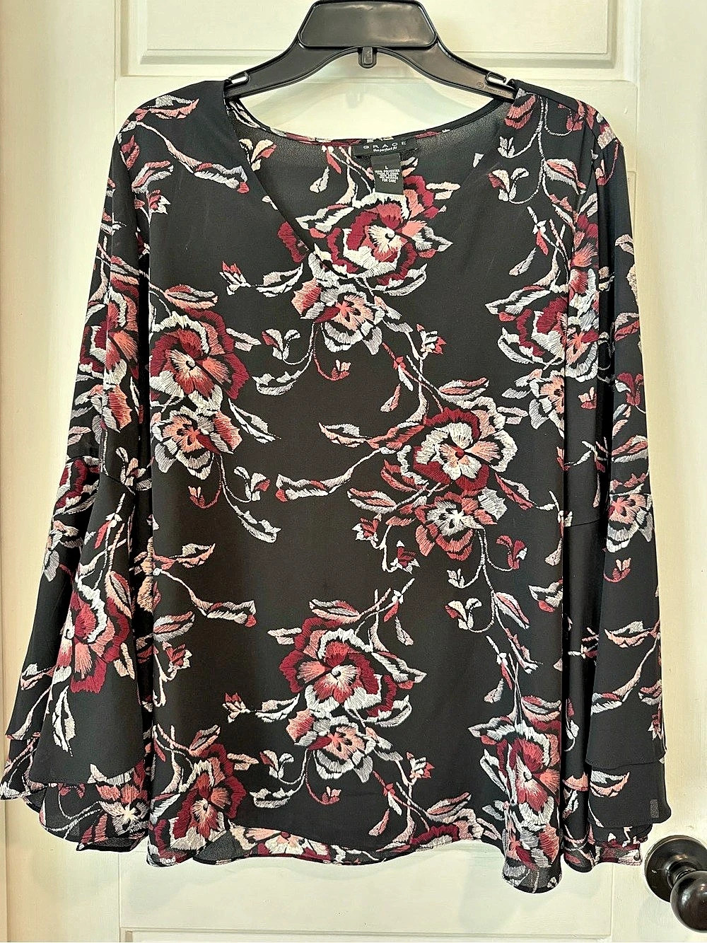 Grace The Perfect Fit L Black Floral Bell Sleeve Blouse Sheer Boho Top